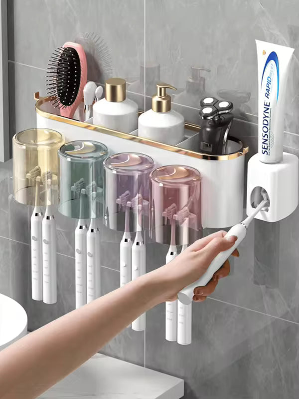 1 Set Toothbrush Holder With 2 Or 3 Or 4 Cups And Toothpaste Squeezer, Creative Bathroom Wall-Mounted Organizer For Brushing Teeth And Storage.The Color Of The Cup Is Random And May Not Match The Color In The Rendering, Which Is A Normal Phenomenon