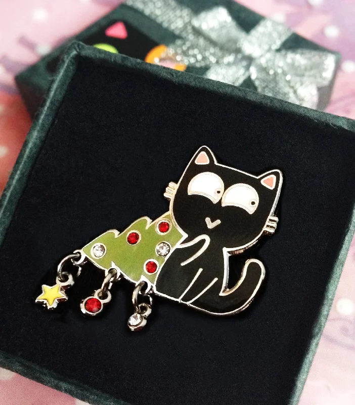 "Wasn't me!" — Christmas Tree Kitty Pin