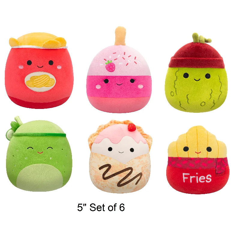 Set of 6 Squishmallows French Fries, Green Pickle, Strawberry Cake Pop, Green Juice, and Potato Chips, Crepe with Chocolate Drizzle  5" Stuffed Plush by Jazwares