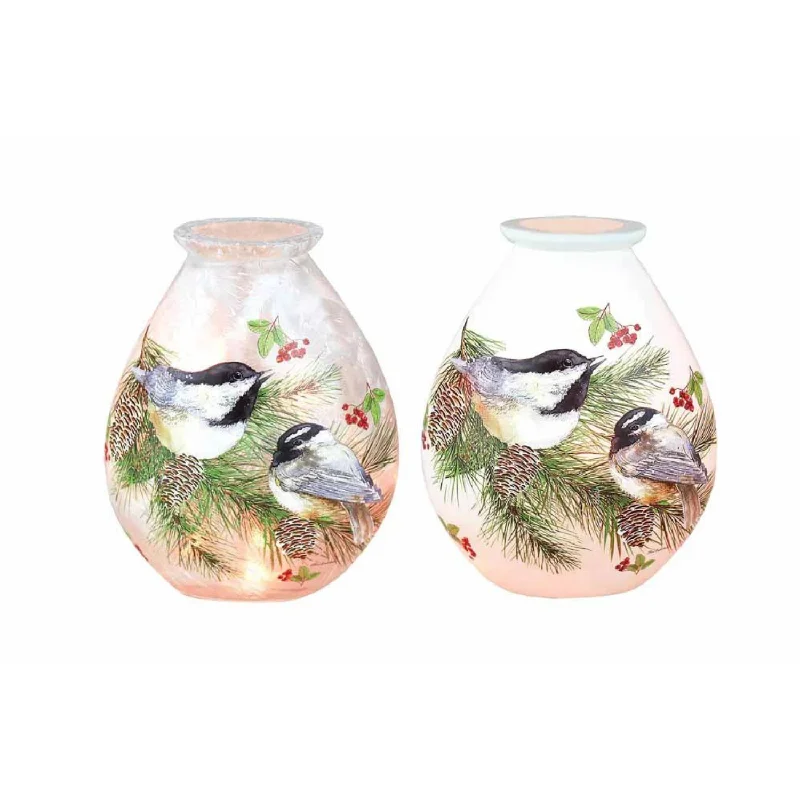 Winter Chickadees 5" Lighted Vase